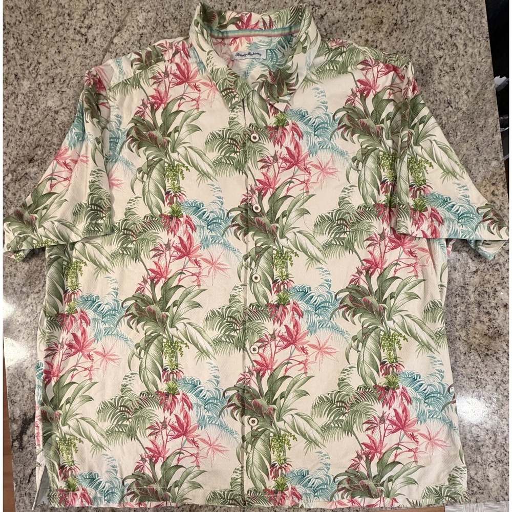 Tommy Bahama 100% Silk Hawaiian Shirt 3XL Tropical Floral Vacation Tiki Cruise